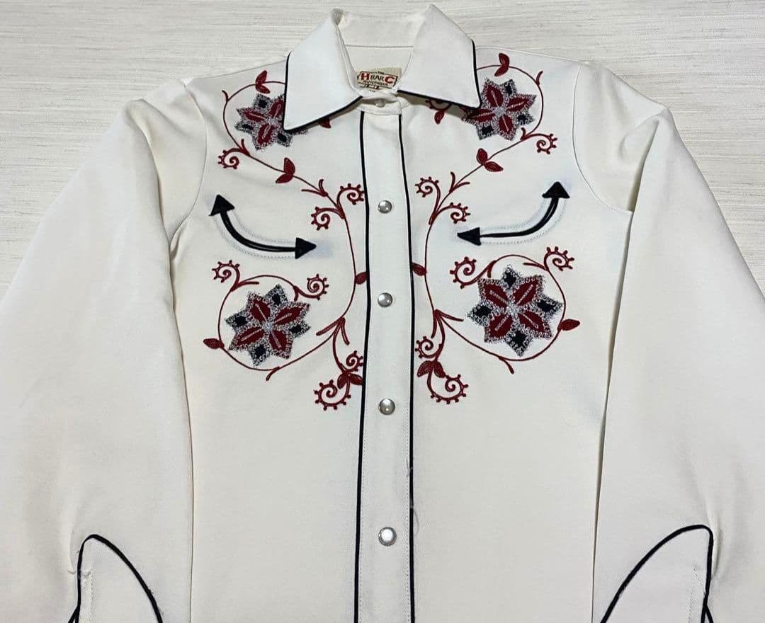 H BAR C ウエスタンシャツ 長袖 刺繍シャツ M ホワイト 70～80年代