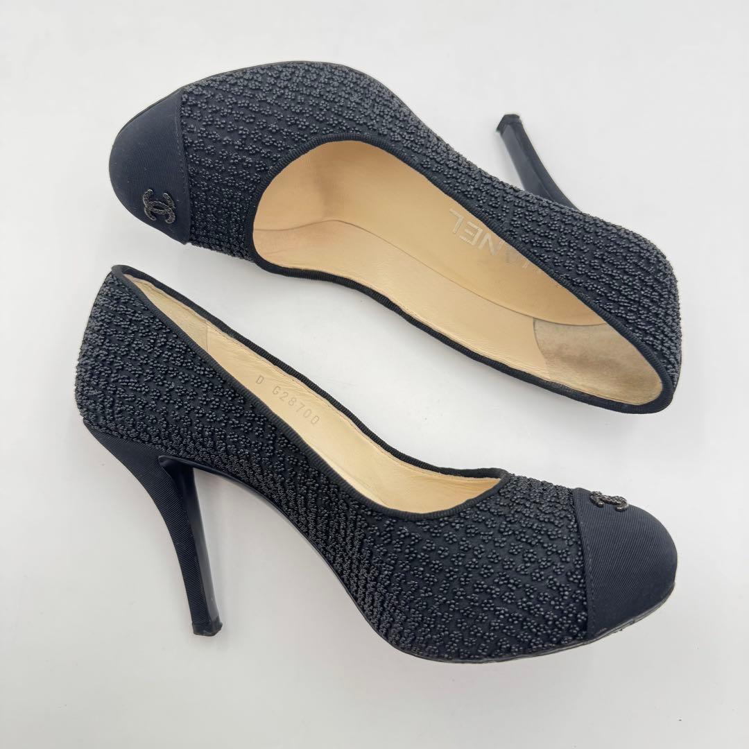 美品✨CHANEL ハイヒール　ココマーク　ブラック　サテン　23.5cm