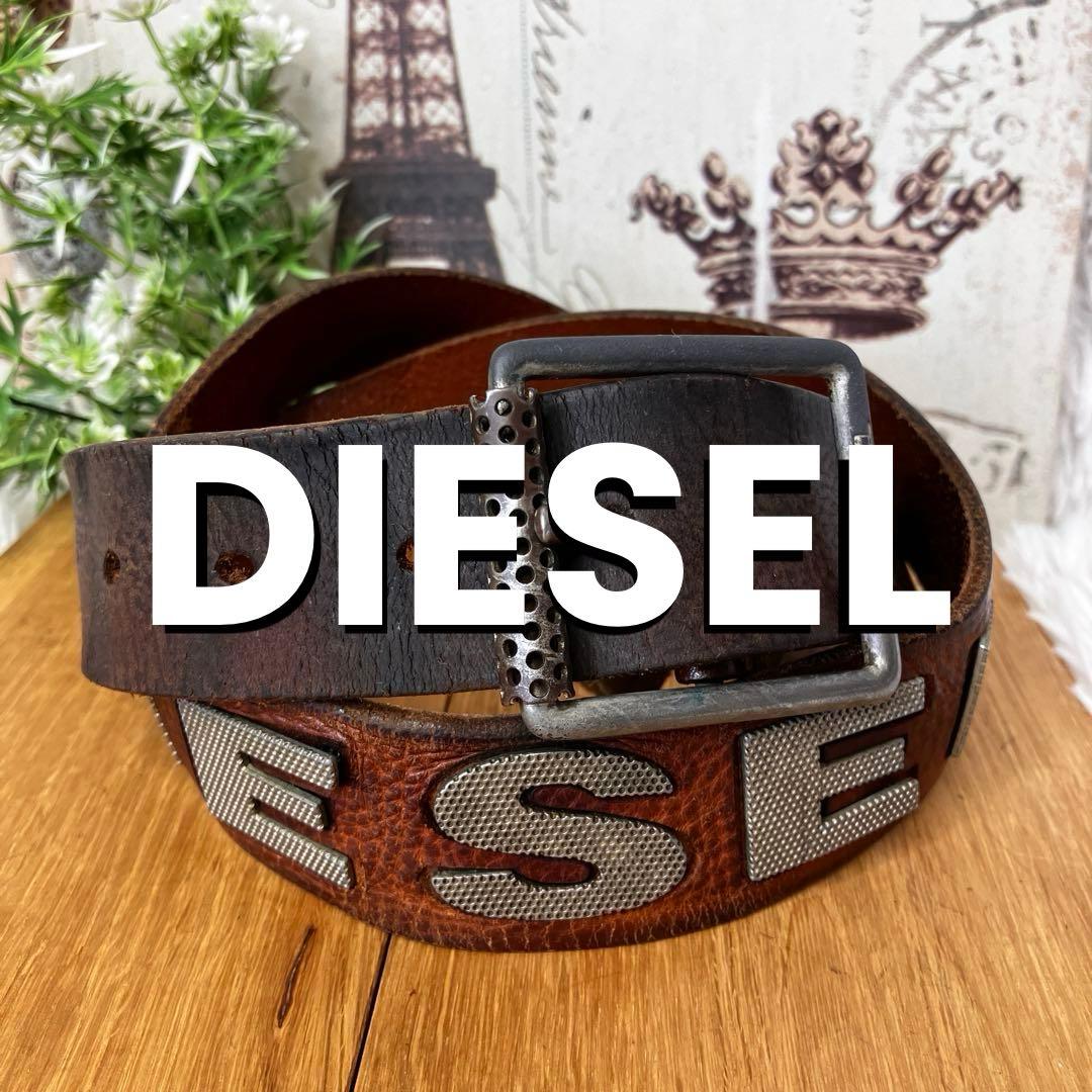 DIESEL ディーゼル レザー ベルト ブラウン メタルロゴ - メルカリ