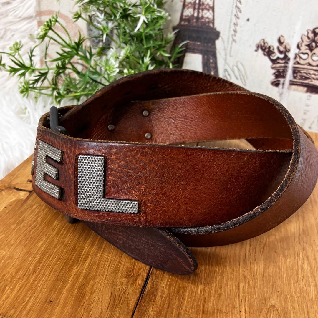 DIESEL ディーゼル レザー ベルト ブラウン メタルロゴ - メルカリ