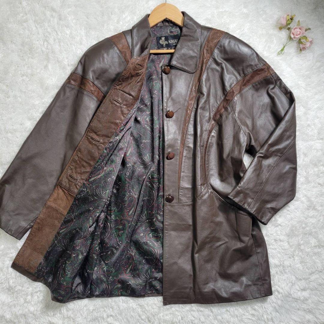 美品✨NIGU MILAN レザージャケット 牛革 総柄 裏地ペイズリー L相当