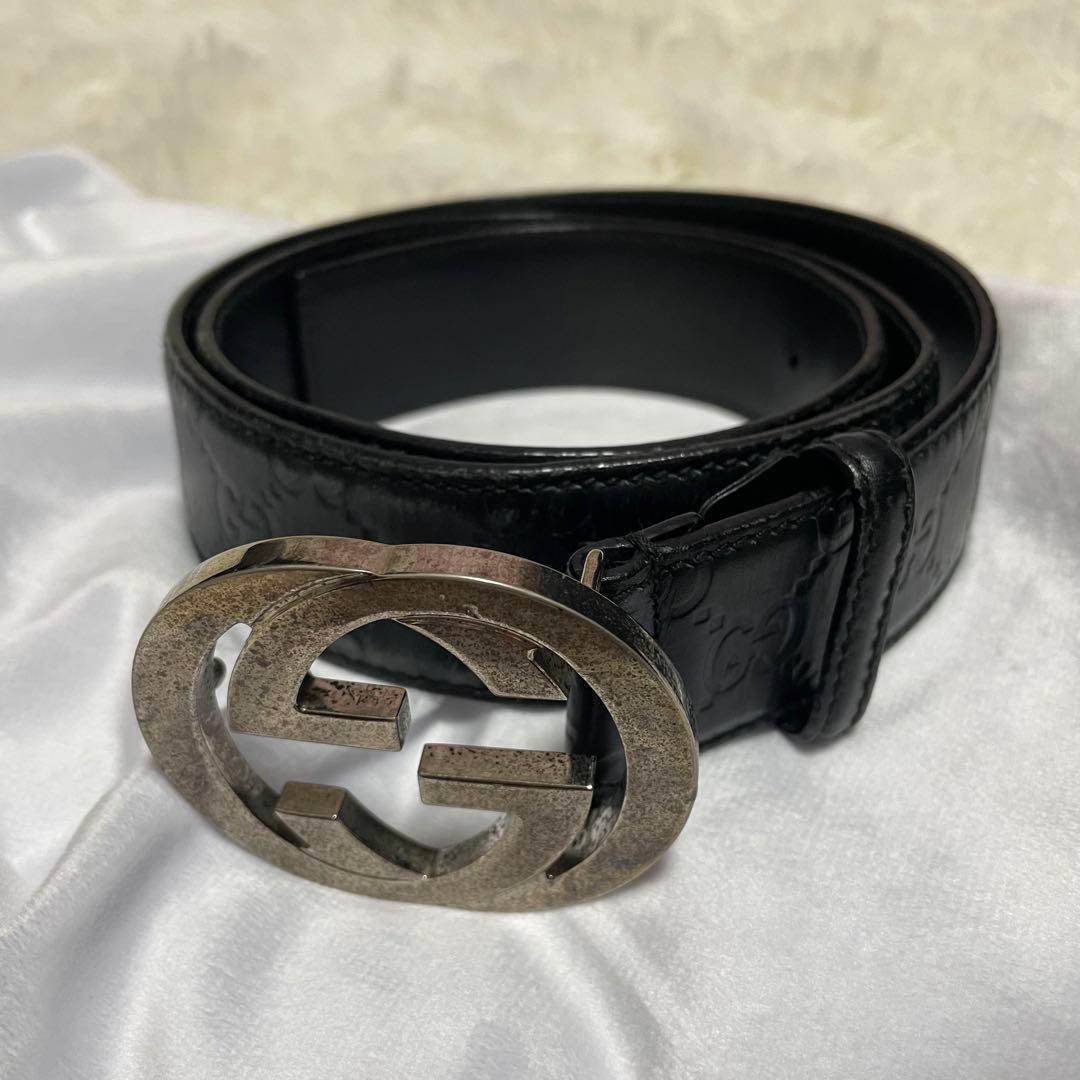 GUCCI グッチ ベルト ブラック 黒 シマレザー インターロッキングG