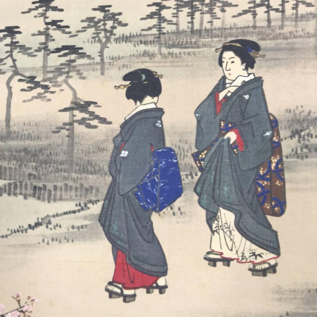 【複製】初代廣重/墨提花見二美人図/工芸品/掛軸☆宝船☆AB-589