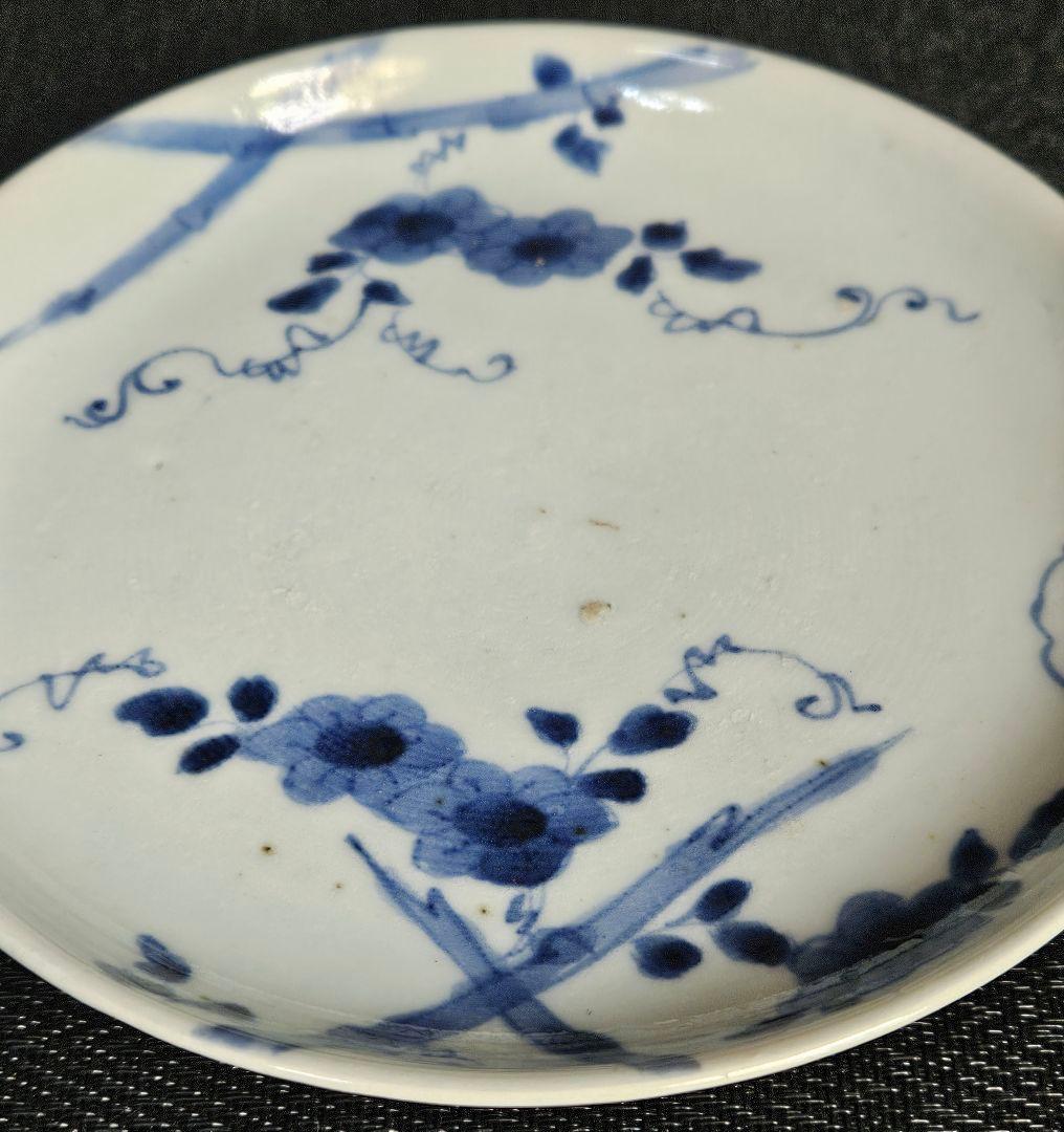 江戸時代中期 古伊万里 染付 生垣に花の図 18.1cm 六寸皿 飾り皿 無傷