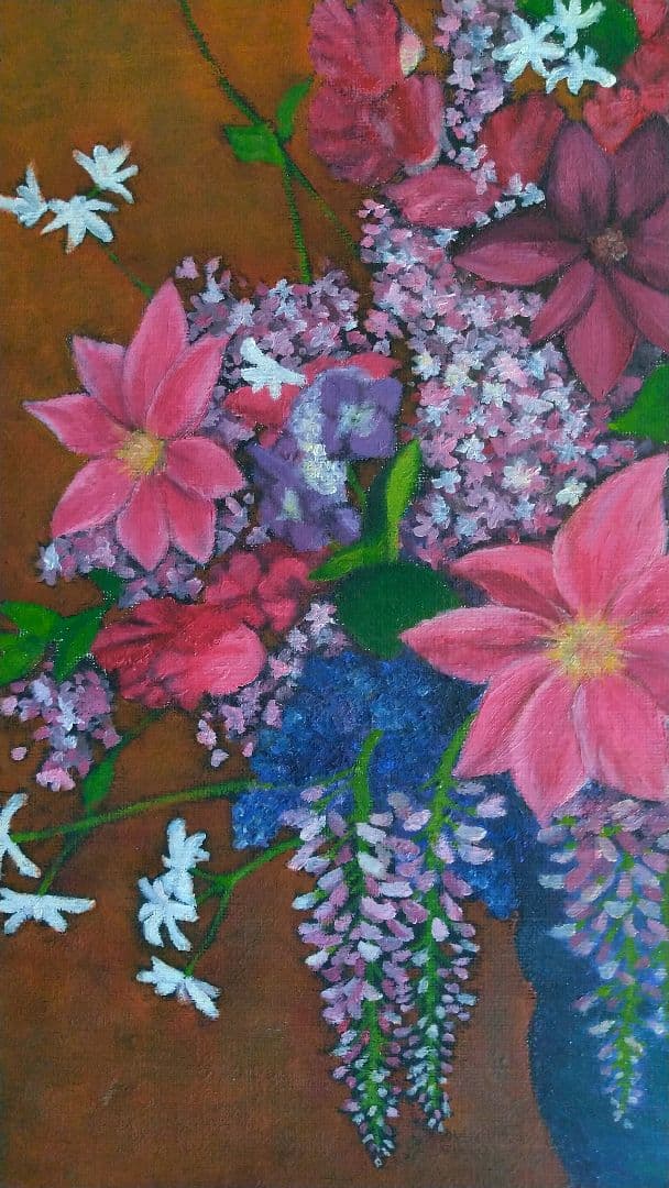 油絵 「青い花瓶の花」 油彩画 花 絵画 F8
