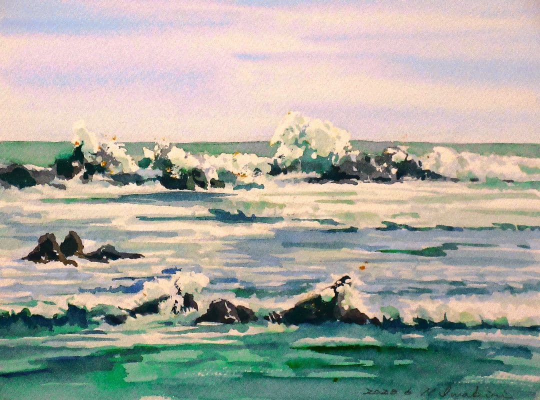 水彩画 荒海 額装済み エーゲ海の休日(透明水彩、原画、ギリシャ、サントリーニ島、風景画