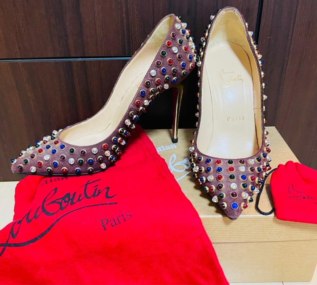 クリスチャンルブタン カラフルマルチスパイク スエードレザーパンプス