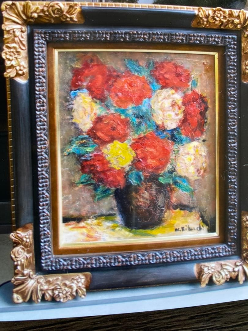 絵画 油彩画 油絵 F8 「2色のバラ」パリ 菊地正則 豪華 美品 額付き