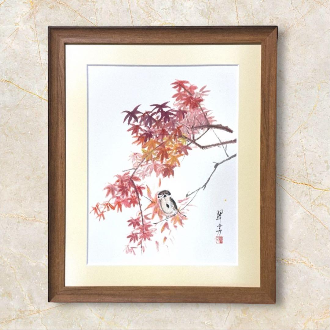 【古口翠芳/Suihou Koguchi】墨彩画　紅葉と雀　木製額縁付き