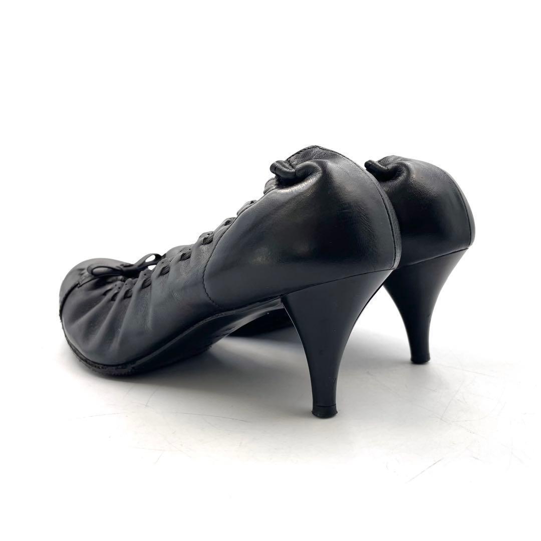 超美品》CHANEL シャネル ココマーク リボン ギャザー パンプス 黒