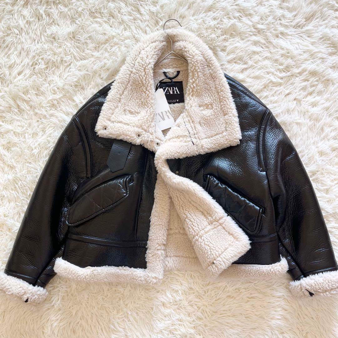 新品タグ付き✨ZARA フェイクレザージャケット 白ボア 洗える ブラック