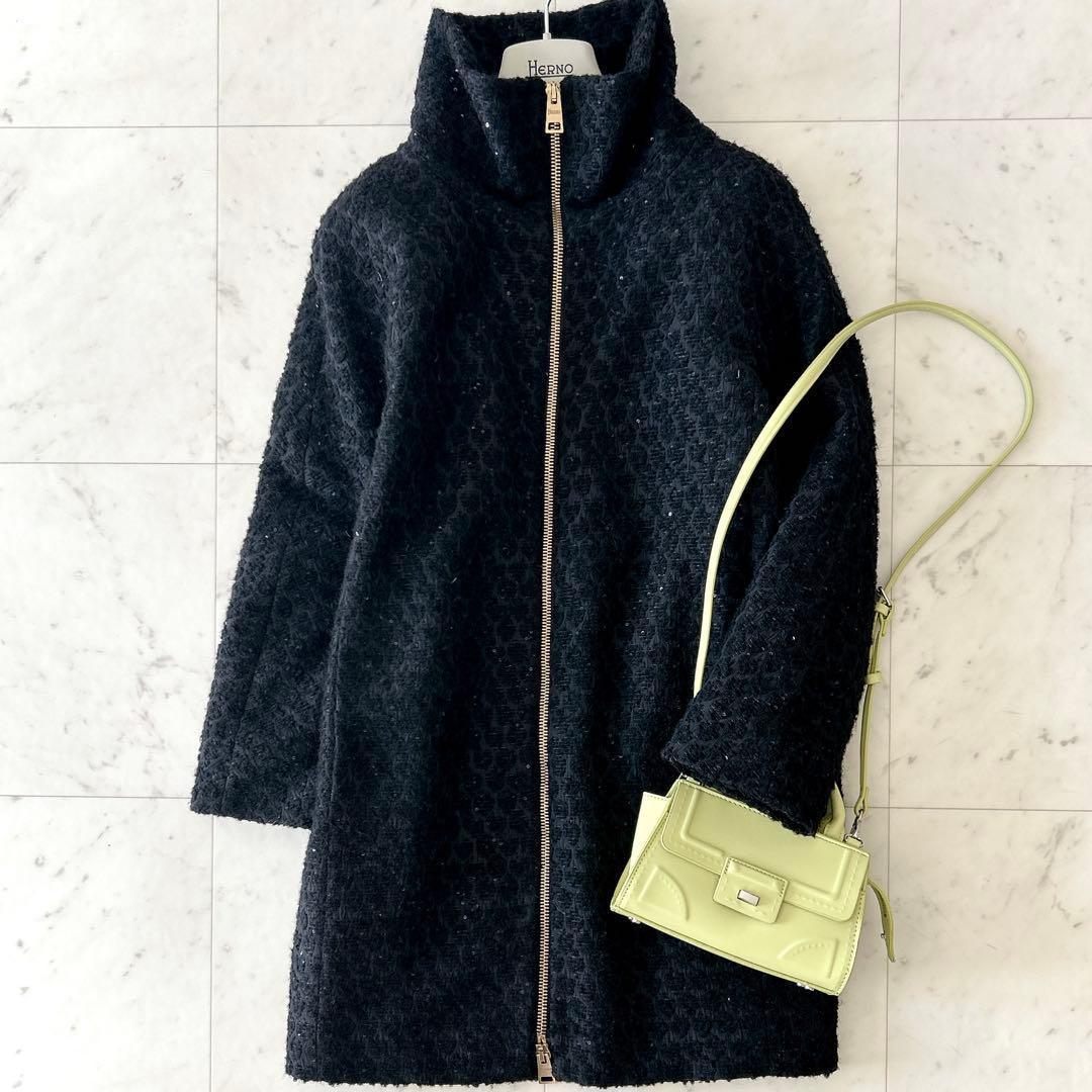 美品 ヘルノ HERNO ウール アルパカ混 ダウンコート ジャガード ブラック HERNO（ヘルノ） ダウンコート PI002118D 33344 レディース ウール切替