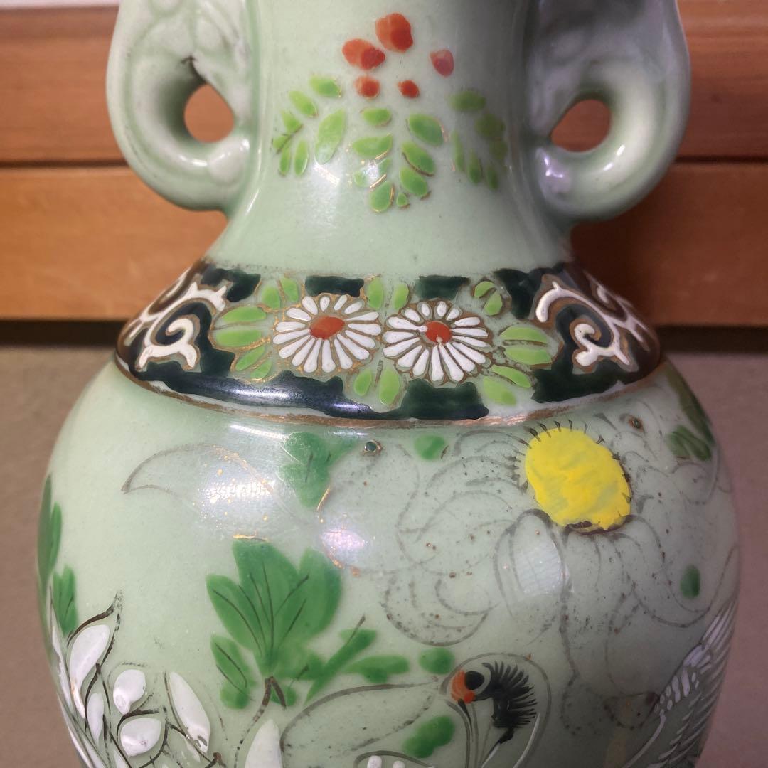 龍耳付色絵青磁花瓶 【作名有】