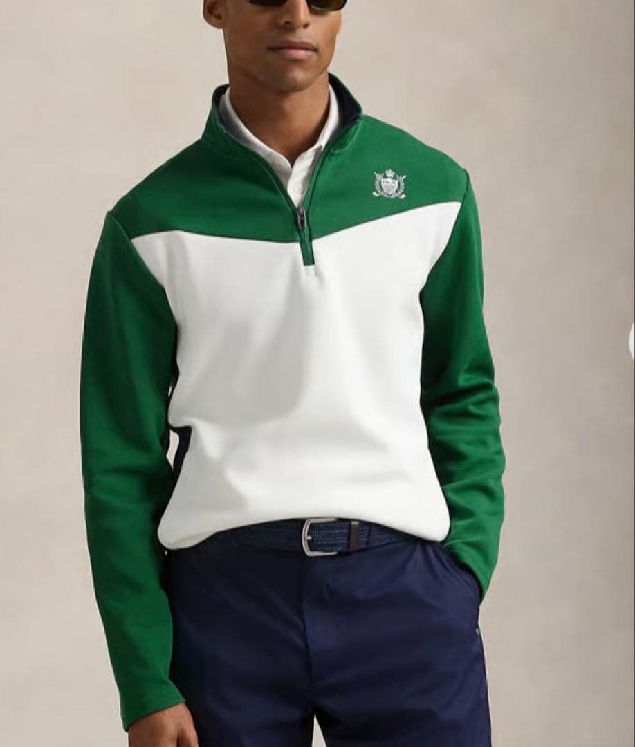 RLX ゴルフ カラーブロック ダブルニット プルオーバー M モックネック 緑 MEN】【洗える】カラーブロック 裏付き ニット