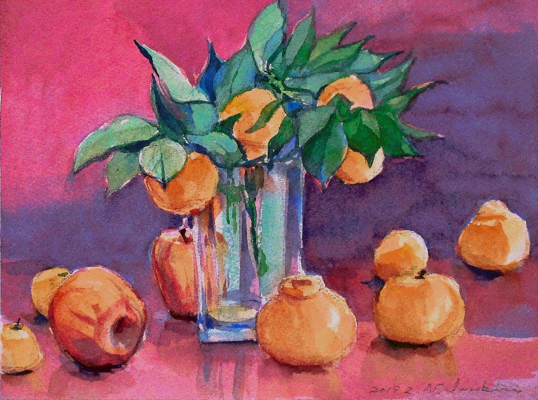 果物の静物 水彩画 額縁付き 原画】on the table（水彩画/額無し）☆静物画 フルーツ 絵画