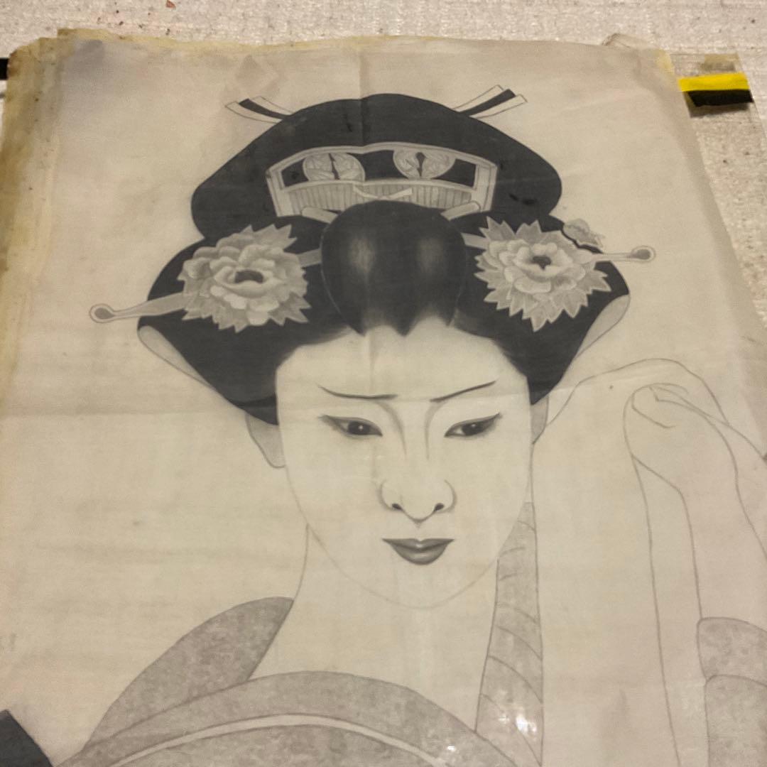 布絵　日本髪女性　【テープ痕、破れあり、折れあり】