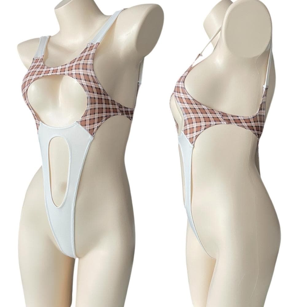 レオタード　ハイレグ　穴あき　キャラメルチェック×オフホワイト