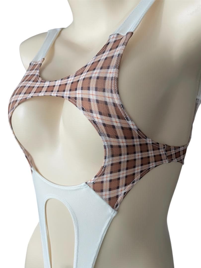 レオタード　ハイレグ　穴あき　キャラメルチェック×オフホワイト