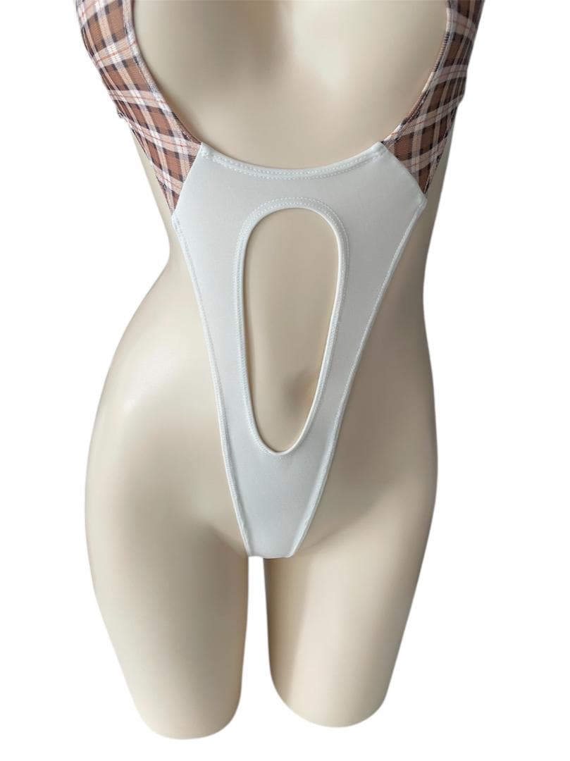 レオタード　ハイレグ　穴あき　キャラメルチェック×オフホワイト