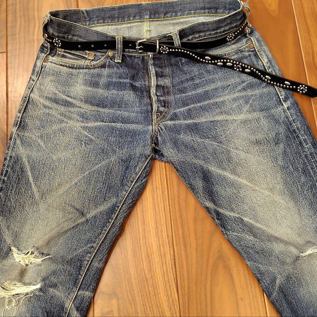 クロス青□本革レザーフルスタッズナローベルト☆アメカジヴィンテージ