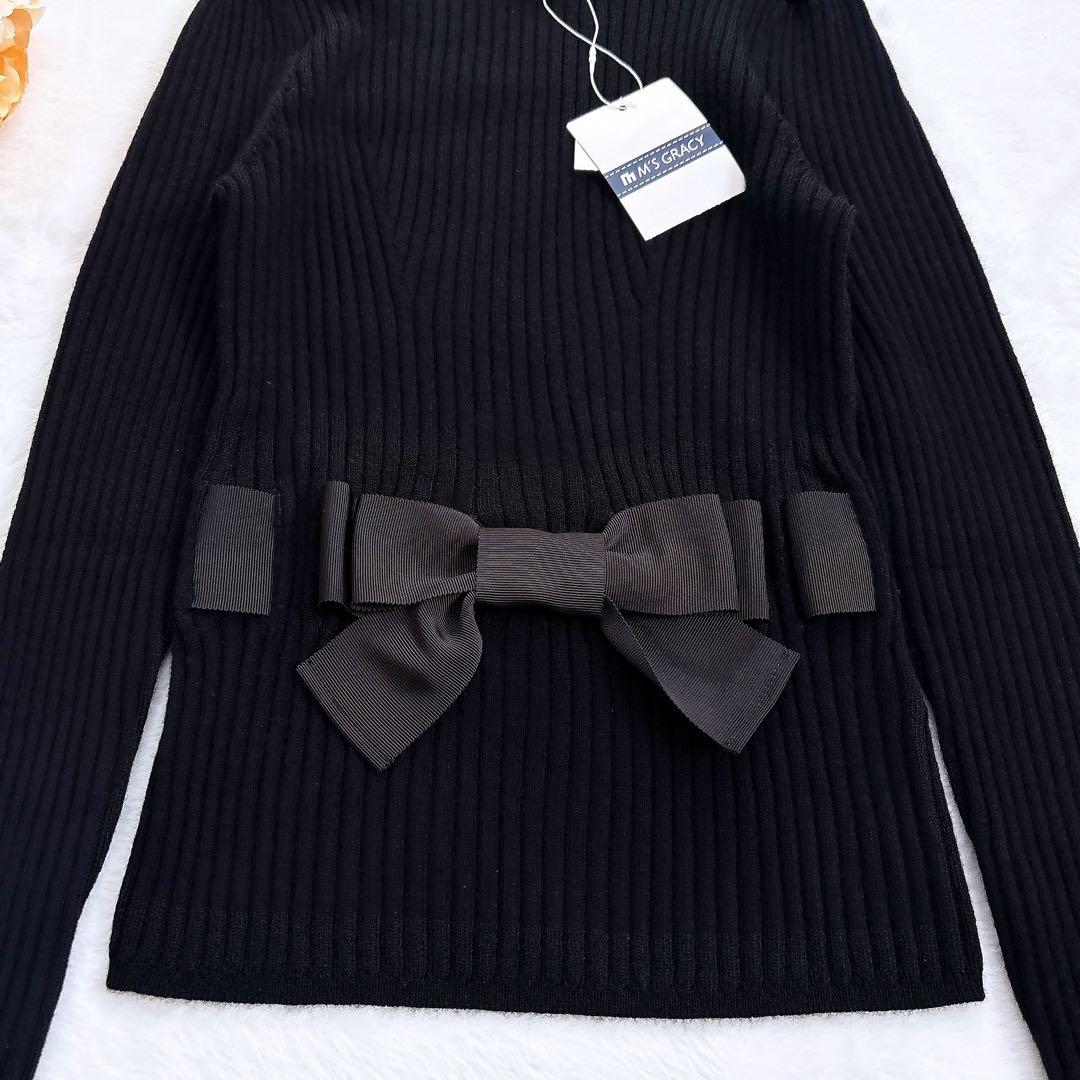 《新品》 M'S GRACY グログランリボン リブニット カットソー 黒 M