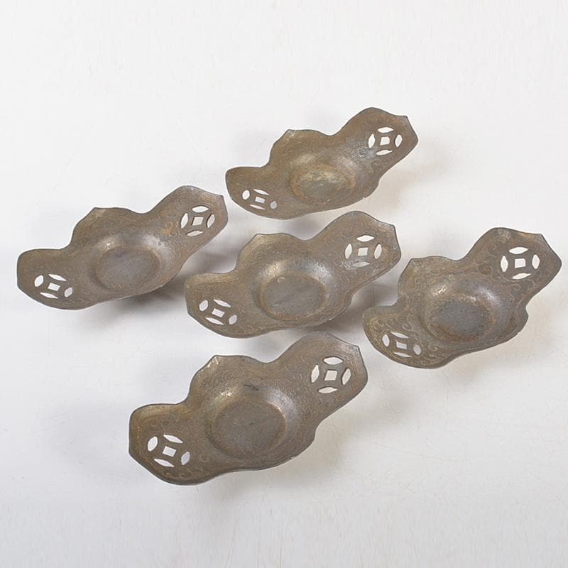 中国　古錫　洸存周款　木瓜式　茶托　五客　合計約186g　V　R7463 純錫 剣木瓜式茶托 倣盛永興之作意 四世秦蔵六造 共箱 : 茶道具商 越中