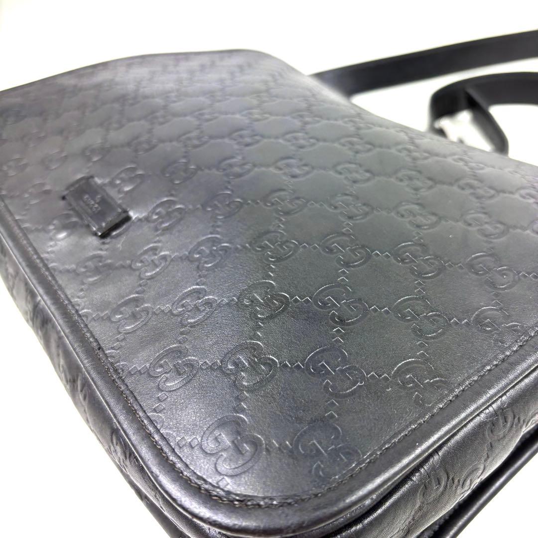 レア✨グッチ メッセンジャーバッグ シマ レザー ブラック GG柄 A4PC可