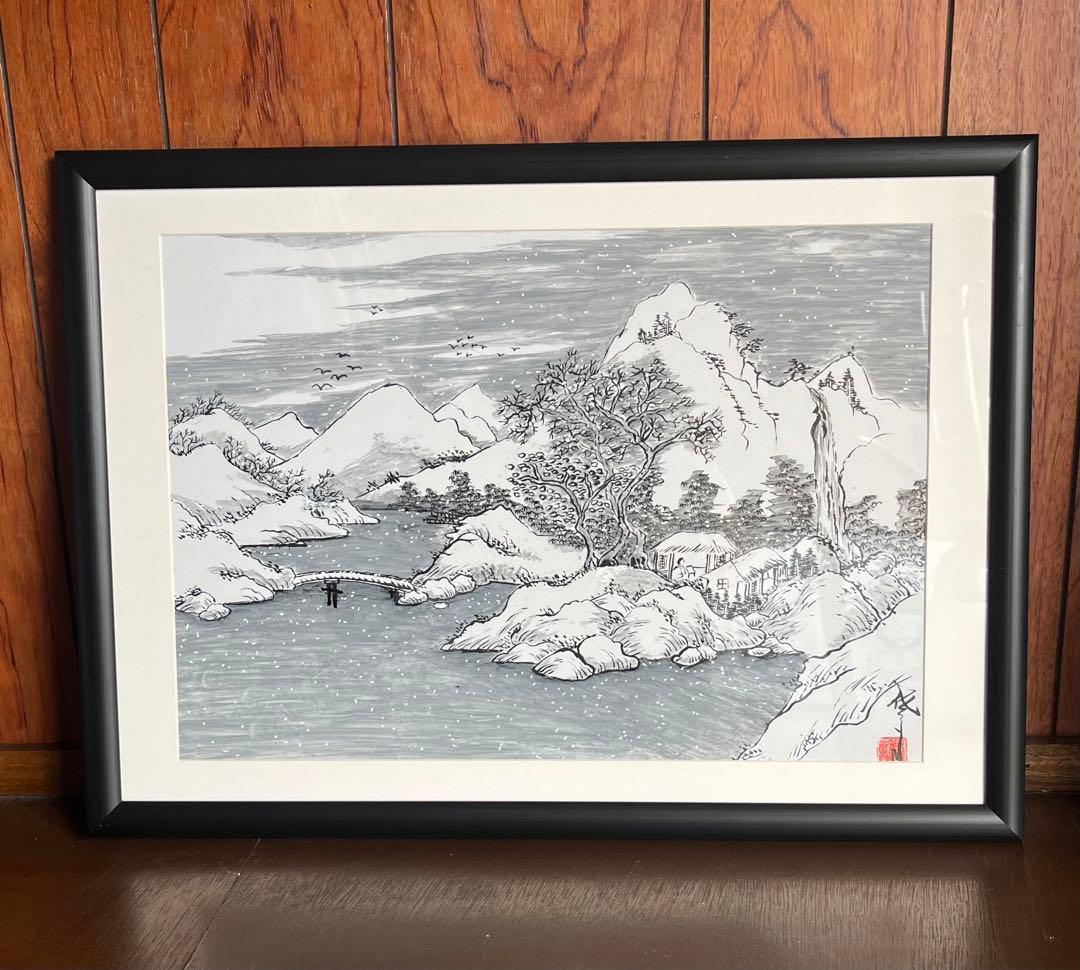 水墨画 雪景色 山水画 日本画 冬・梅 2点セット 水墨画技法で描いた雪山と民家の風景のイラスト素材 [84516542] - PIXTA