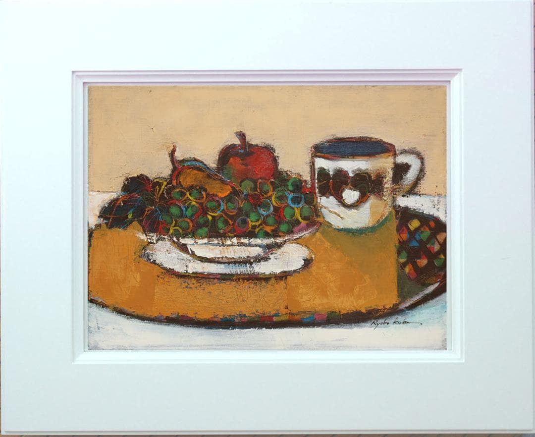 油絵菅家令子絵 絵画インテリア額付(青緑＋金色の枠)uF6-061204