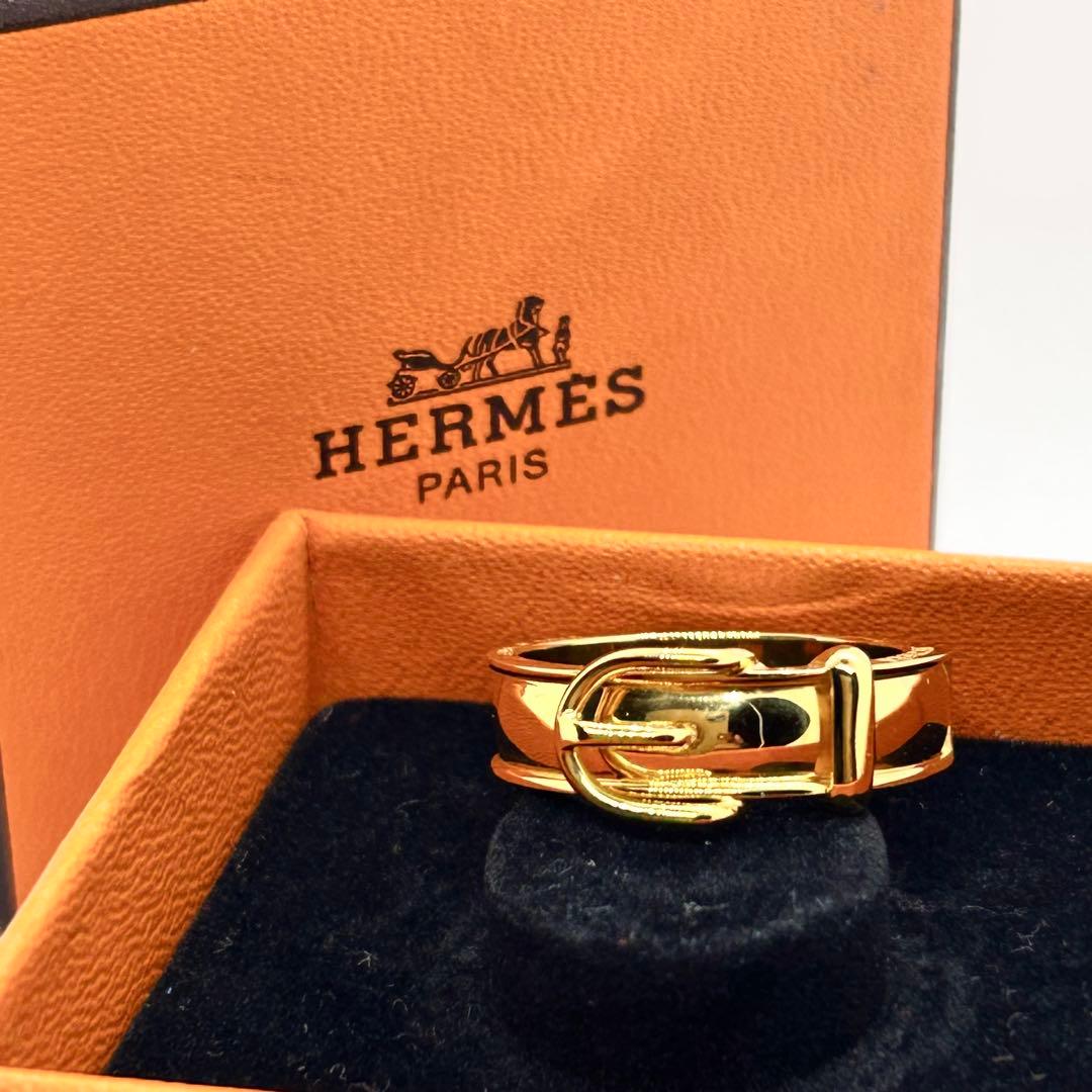 ✨美品✨HERMES エルメス スカーフリング ベルト型 ゴールド 箱付 正規品 スカーフリング ベルトモチーフ GP レザー ゴールド ブラック エルメス