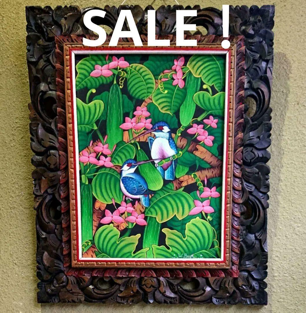 大きめ バリアート プンゴセカン バリ島 絵画 自然 鳥 花 アート カワセミ バリ絵画 ブンゴセカン 鳥の絵 ハイビスカス ピンク W43×H53cm バリ