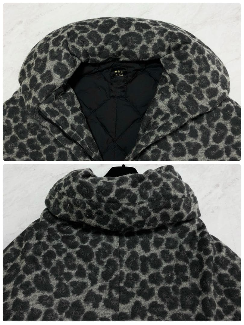 美品】TATRAS ダウン ポンチョ レオパード ロゴ グレー ケープ 02