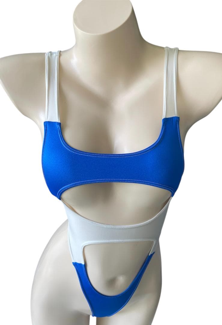 レオタード　ハイレグ　穴あき　パールブルー×シアーホワイト