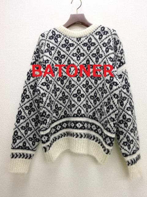 バトナー　MOHAIR LATOVIAN CREW NECK　白黒 中古・古着通販】BATONER (バトナ―) MOHAIR LATOVIAN CREW NECK/モヘア