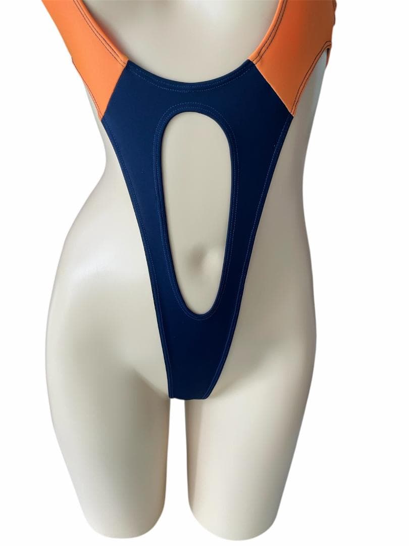 レオタード　ハイレグ　穴あき　オレンジ×ネイビー