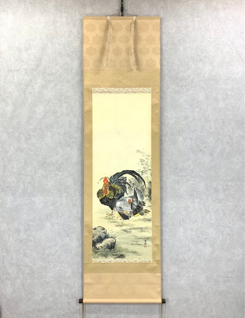 掛軸 田中榮廣 鶏之図 共箱 鳥 夫婦 親子 雛 渡辺省亭 諫鼓鶏之図｜古美術・掛け軸の販売・買取・鑑定-松本松栄堂