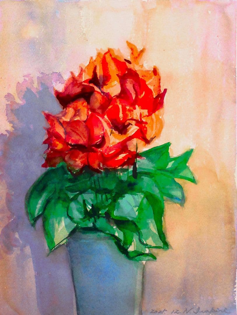 花の水彩画 f6サイズ 額装すみ 原画 コスモス01」透明水彩画 原画 風景画 額縁付 ハガキサイズ 絵画 Oni