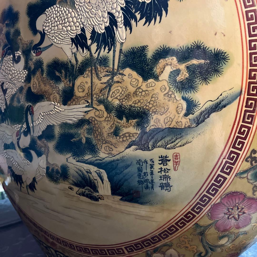 中国美術、嶺東窯製 、金彩花瓶93㌢金彩色絵 大花瓶 、鶴