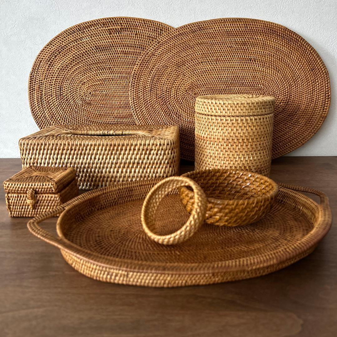 アタ&ラタン　まとめ売り　ティッシュカバー　プレート　　小物入れ　ボウル　トレー トレイ ラタン製 ホワイトウォッシュ 楕円形 かごバスケット