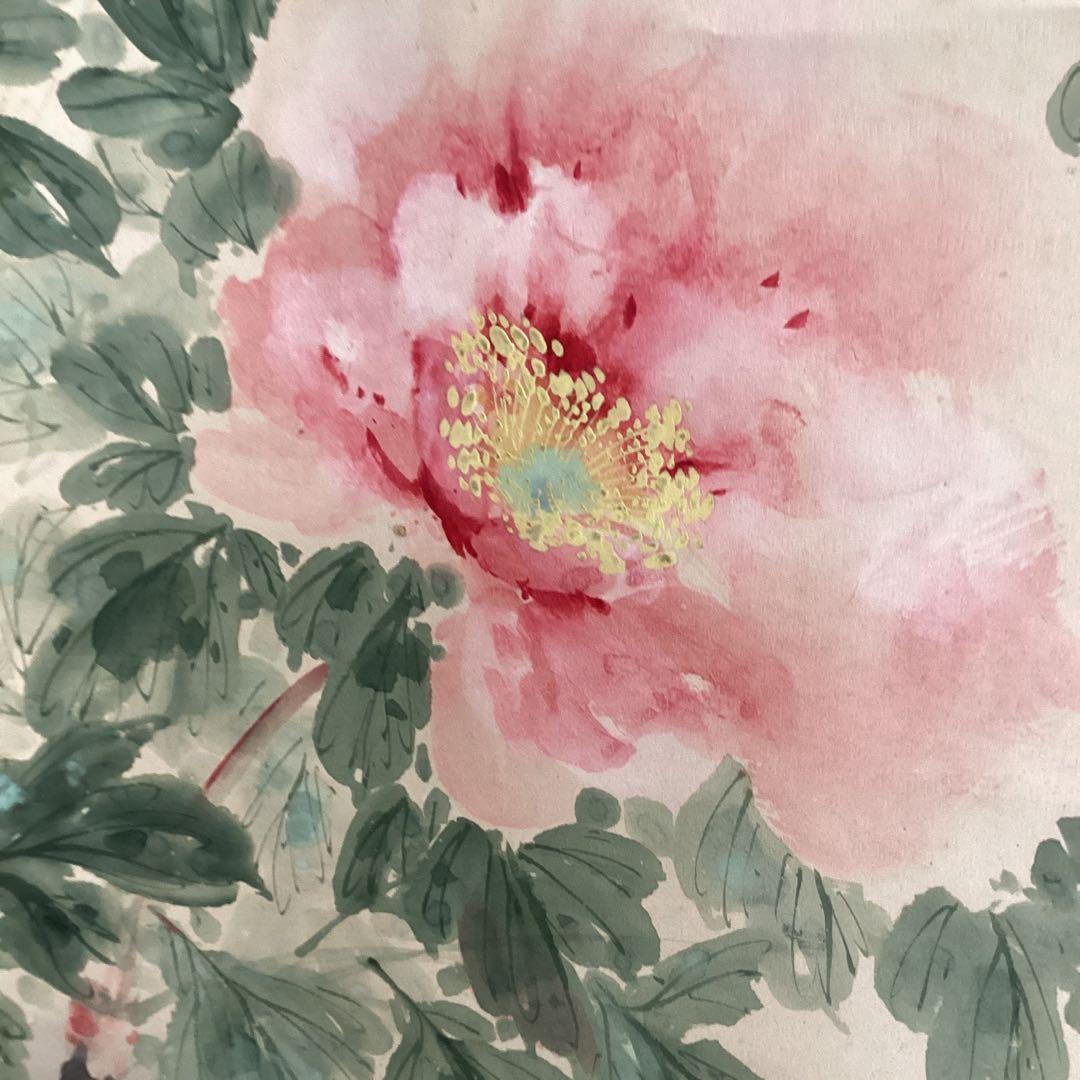 圭舟筆紙本【芍薬に小禽図】彩色画掛け軸一幅未鑑定品NO187