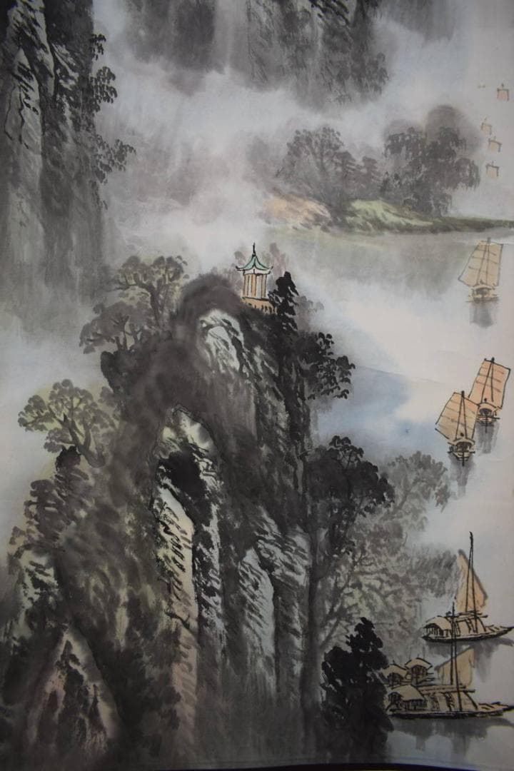 真作/陶君祥/山水帆舟図/中国/布袋屋掛軸HJ-785