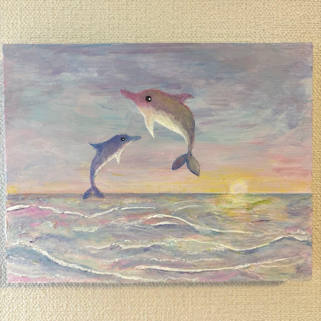 テクスチャーアート アクリル画 現代アート イルカ 海 夕日 原画 #65