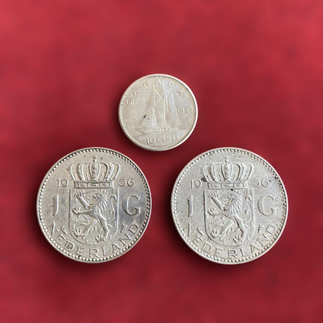 希少銀貨カナダ10セント1965年オランダ、ギルダー1956.56年2枚さ