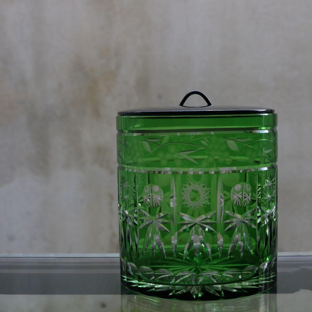 茶道具 ガラス水指 緑 江戸切子 グリーン ギヤマンガラス工芸カット