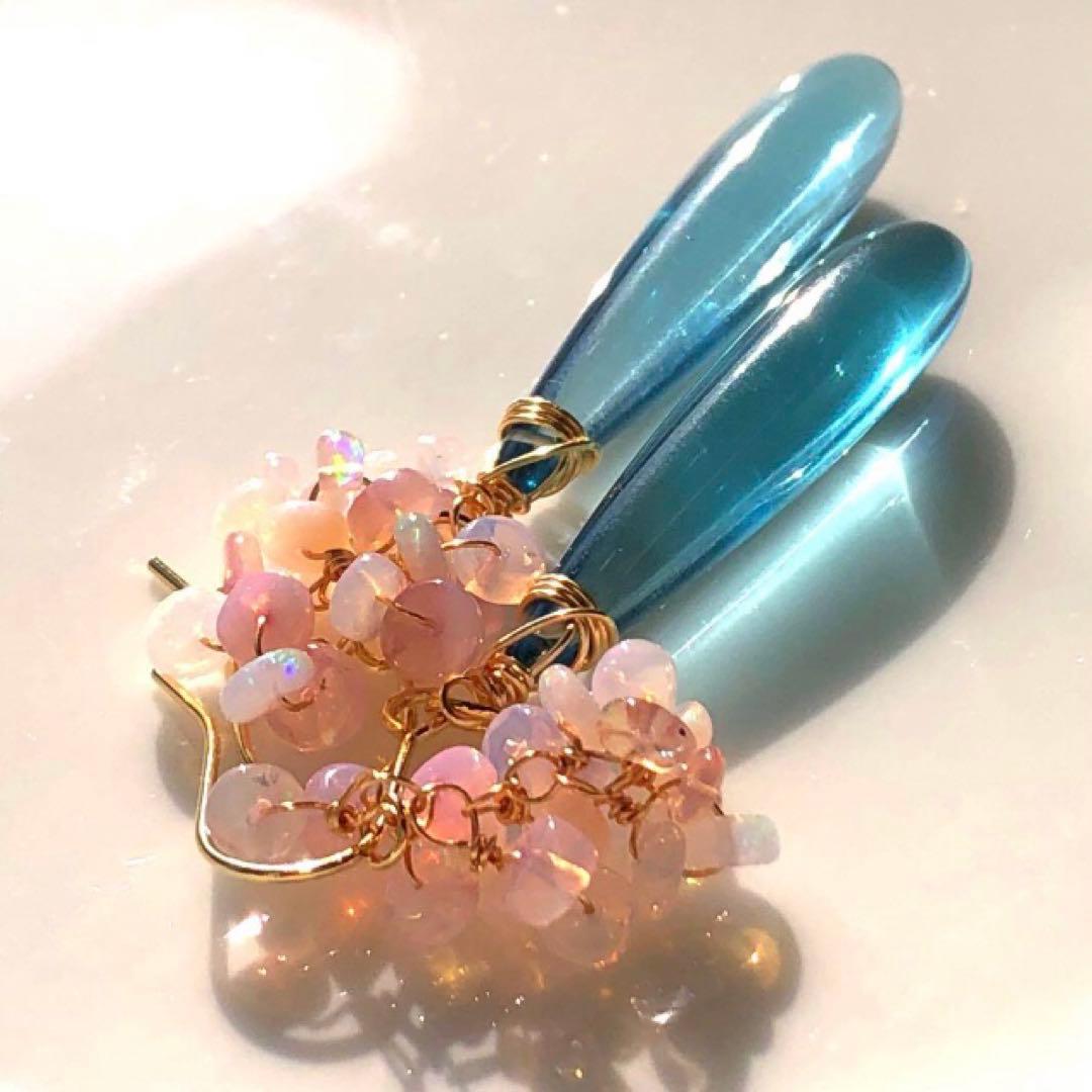 天然石♡桜プレシャスオパール×ティールブルーのピアス14kgf