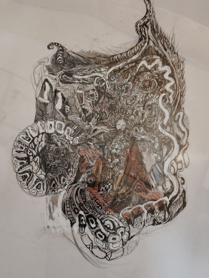 非常夢遊口『埋もれた頭』　ペン画　フレーム付き CHROME HEARTS(クロムハーツ) EDITH F クロステンプル メタルフレーム