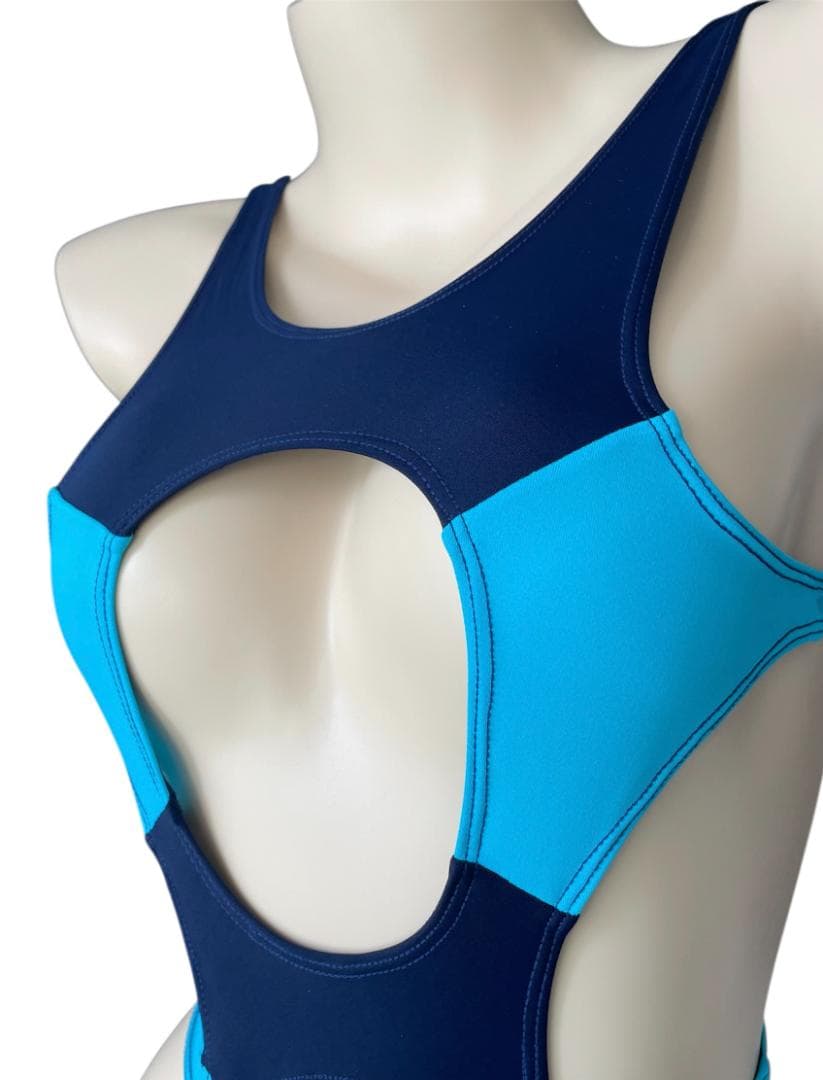 レオタード　ハイレグ　穴あき　ネイビー×カリビアンブルー