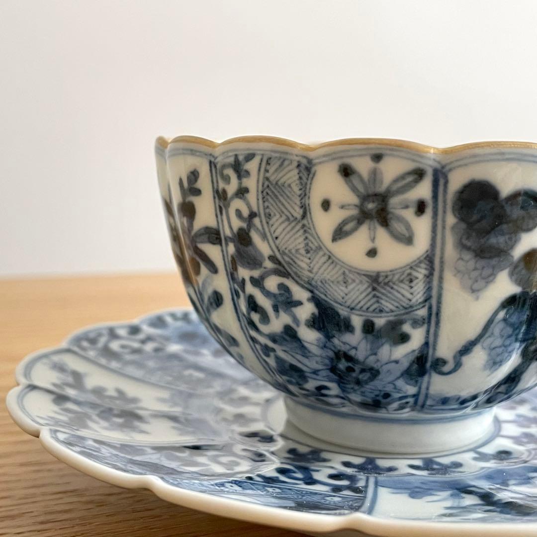 山本長左 藍九谷 菊型珈琲碗皿 樹花文 カップ＆ソーサー 染付 宮内庁