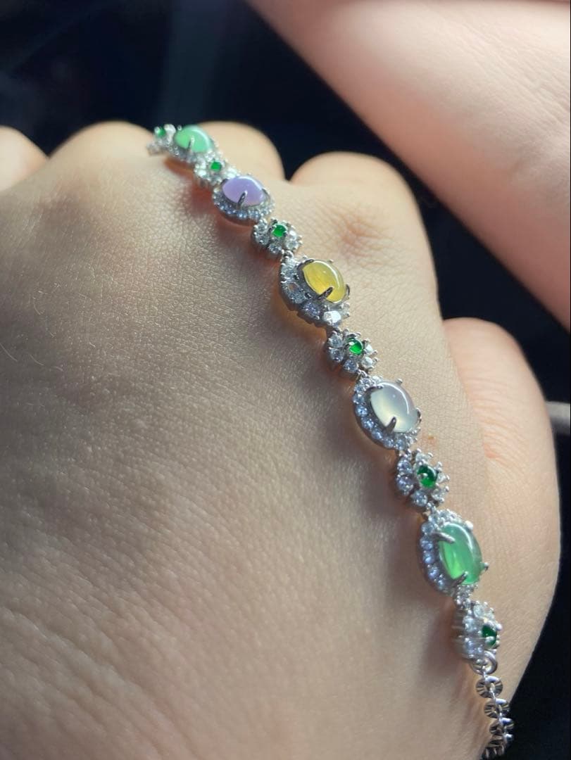 ミャンマー産A貨翡翠 高氷 蛋面 翡翠ブレスレット SV925 ジルコニア