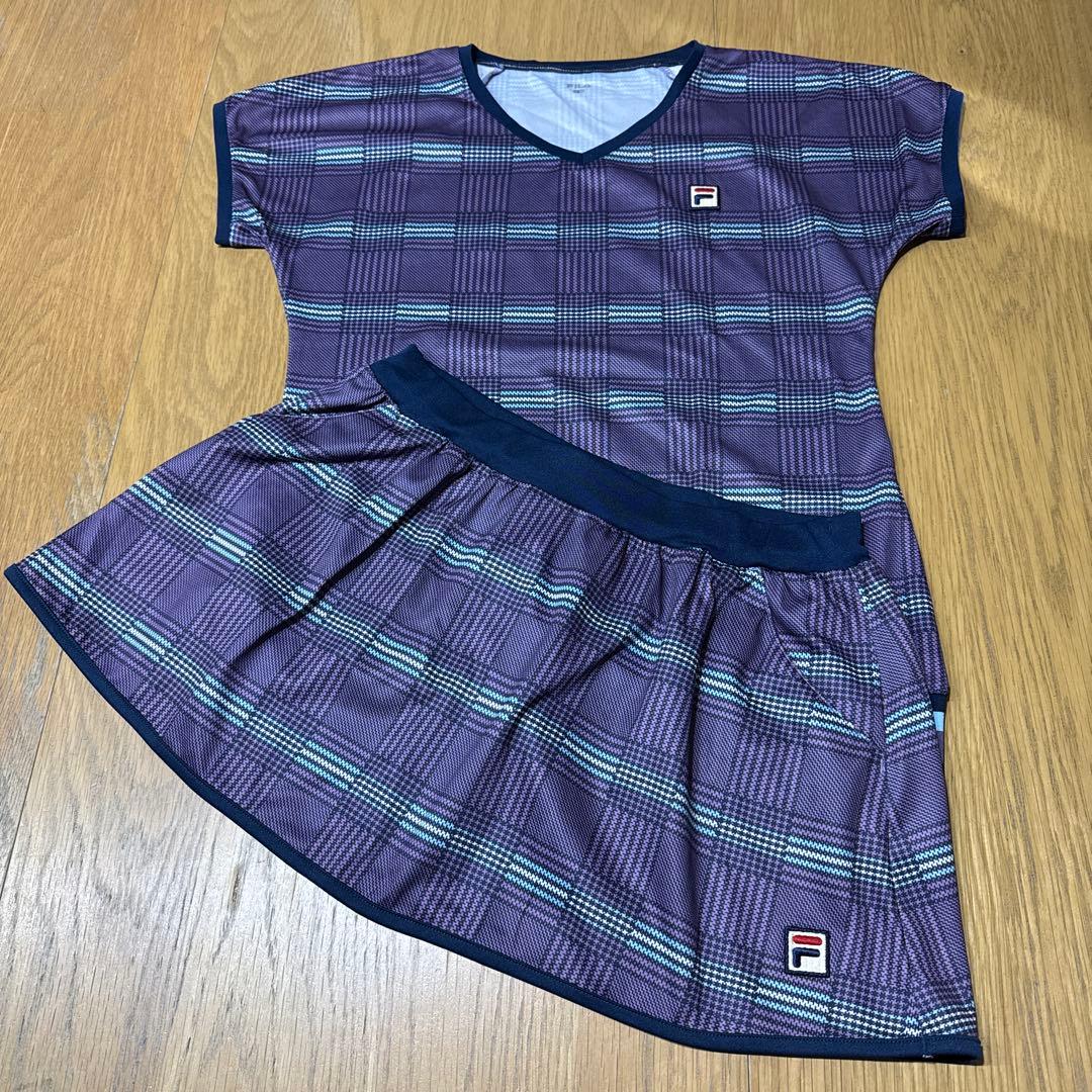 希少　FILA テニスウェア　スコート2点セット　紫系 チェック柄 イエロー系40 タータンチェック柄 テニス スコート 両サイドポケ付き